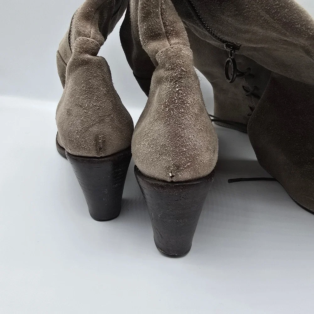 Florentini Baker Suede Over The Knee Boots Lace Up Heeled Taupe Size 37.5‎ Italy
